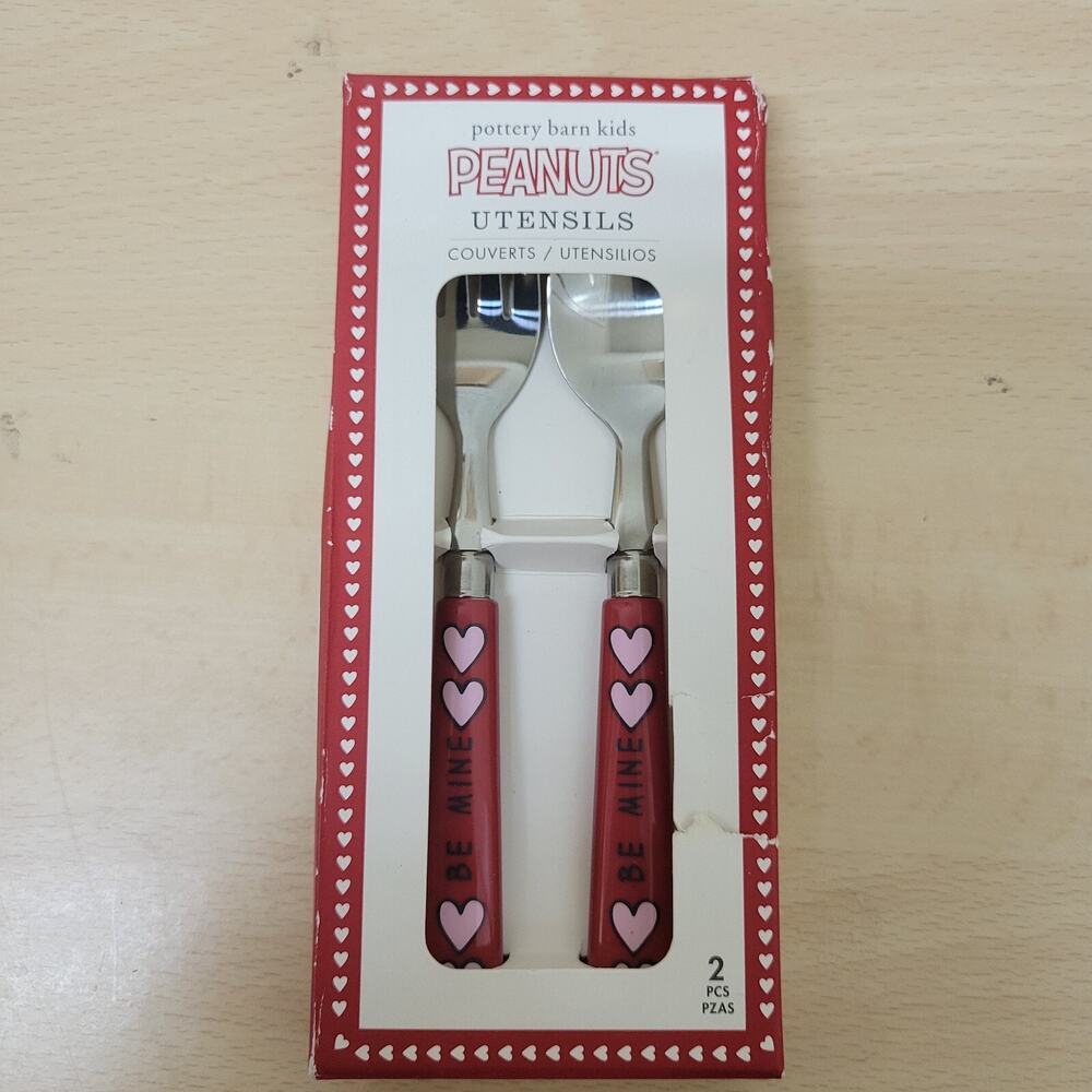 NEW POTTERY BARN KIDS UTENSILS PEANUTS SNOOPY RED BE MINE SPOON FORK FLATWARE
